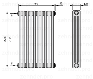 Схема (чертеж) Радиатор Zehnder Charleston 3250/10 №1270 Белый глянцевый RAL 9016